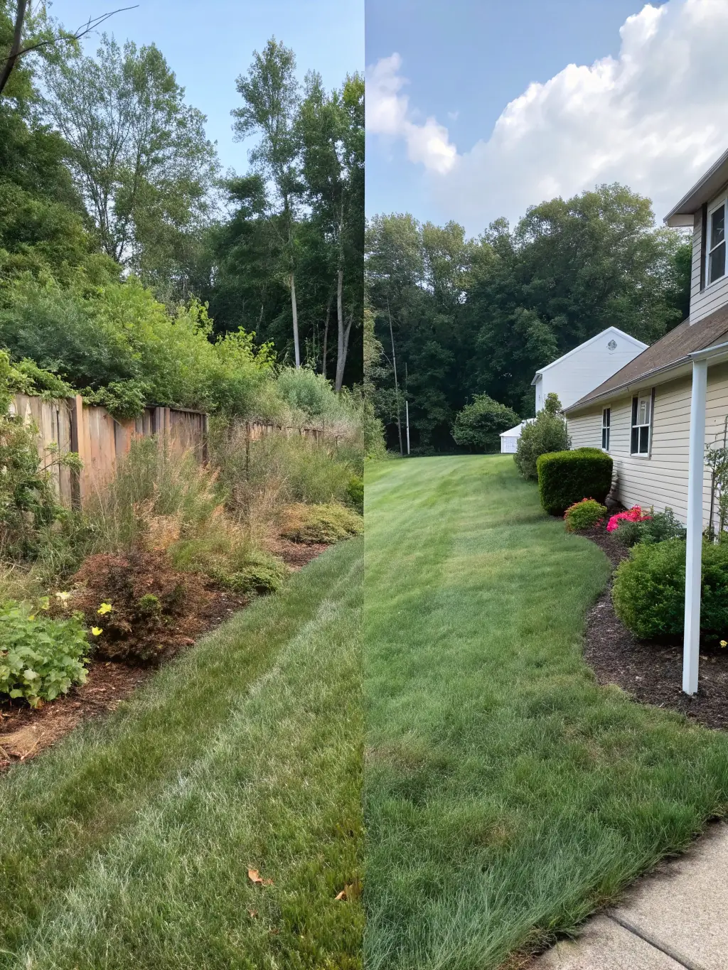 A before-and-after photo showing a yard overgrown with weeds and brush, then cleared and restored by Code Green Mowers in Medford, Oregon.