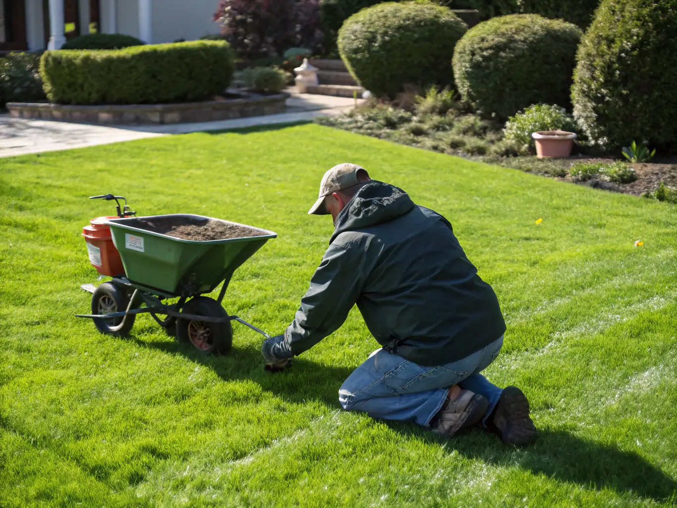A technician applying fertilizer to a well-maintained lawn with aeration equipment nearby, illustrating Code Green Mowers' fertilizing and aeration service.