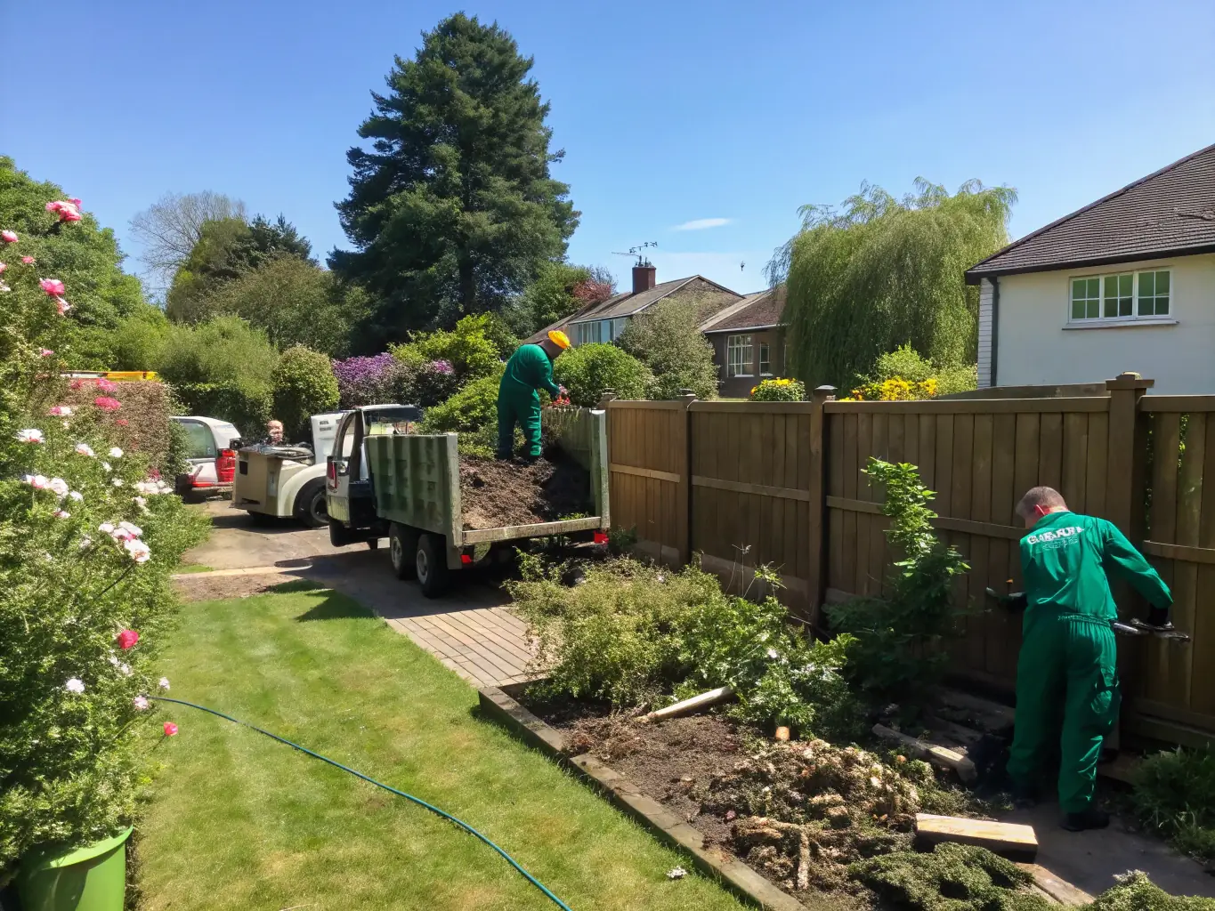 A crew removing dense brush and overgrowth from a backyard, demonstrating Code Green Mowers' overgrowth and brush clearing service.
