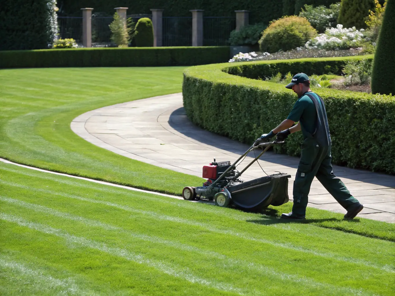 A professional mower trimming a lush green lawn with clean edges, showcasing Code Green Mowers' lawn mowing and edging service.