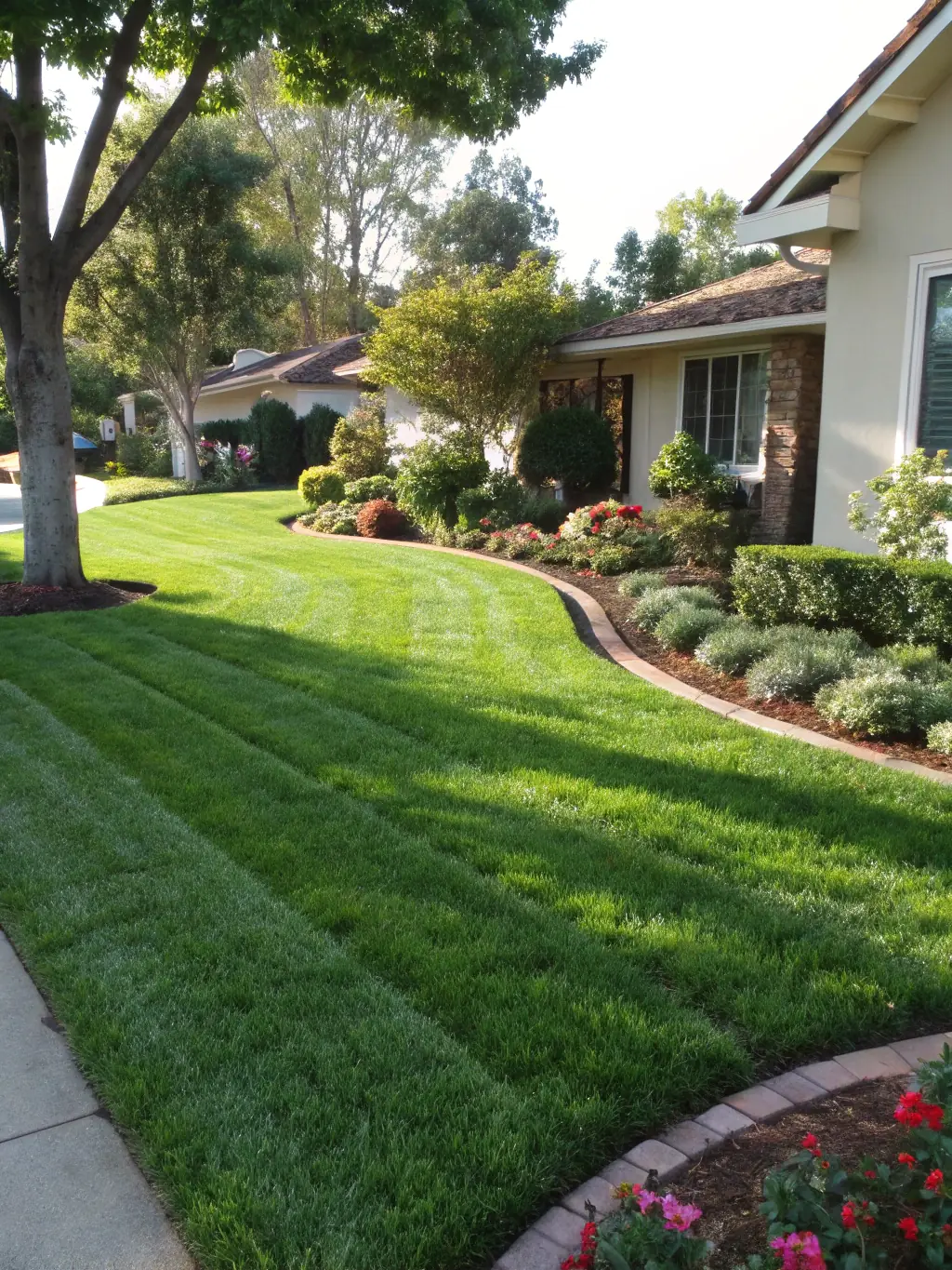 A vibrant green lawn freshly mowed by Code Green Mowers, showcasing clean lines and healthy grass in a Medford, Oregon residential yard.