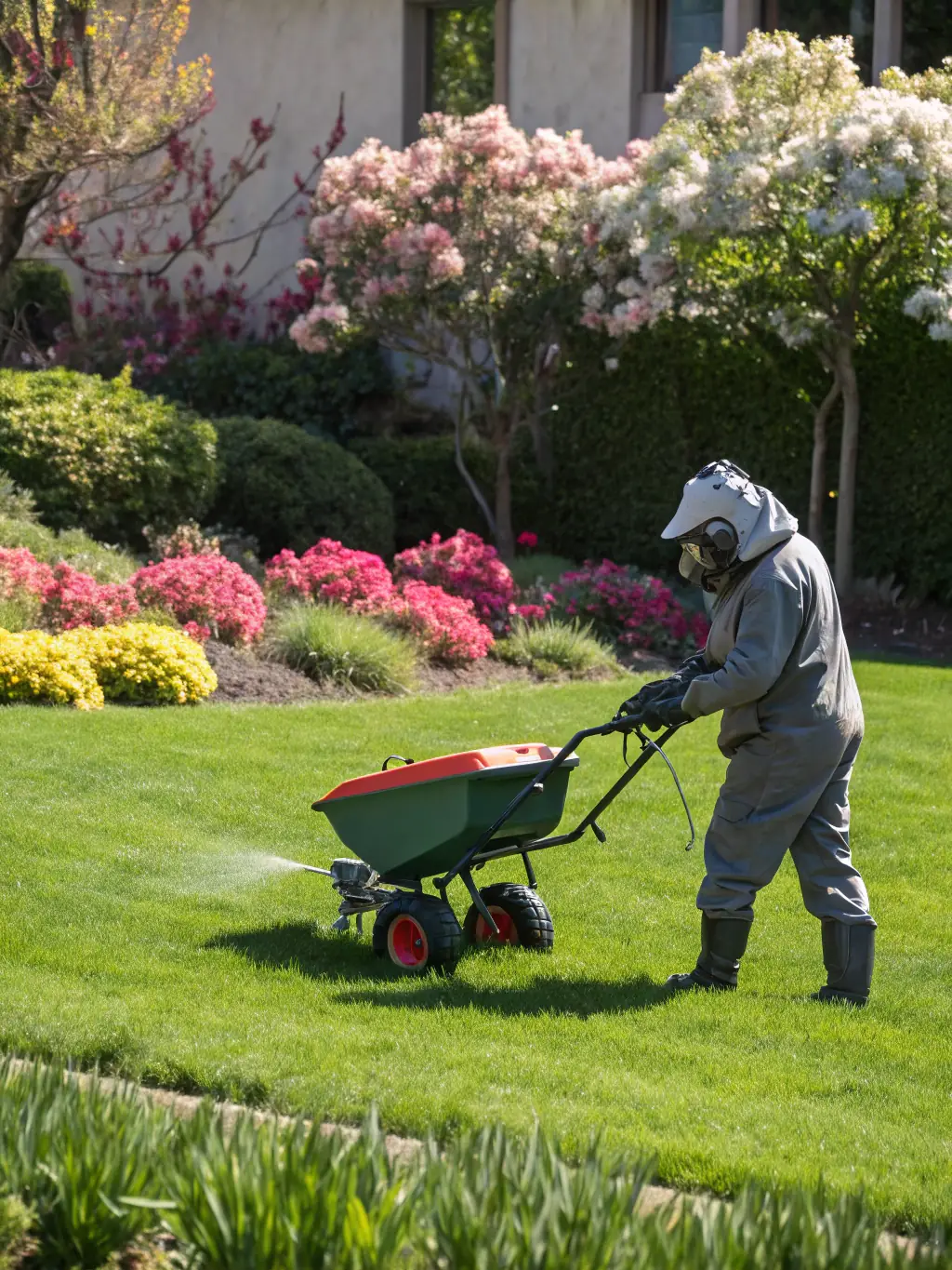 A close-up shot of Code Green Mowers fertilizing a lawn, highlighting the even distribution of fertilizer granules for optimal lawn health in Medford.